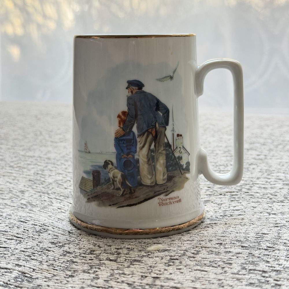 Norman Rockwell Mug 1985 Looking Out To Sea Porcelain 24k Gold Rim Coffee Cup